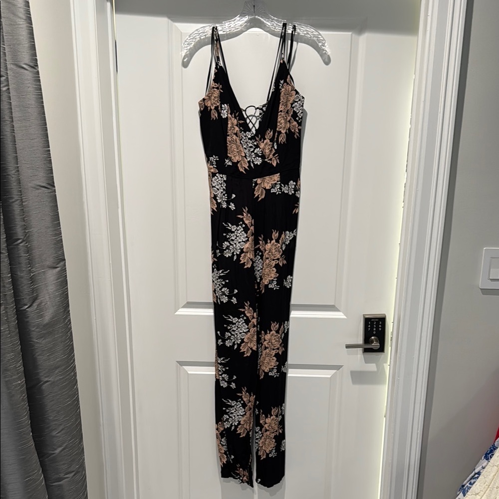 Deep V Black Floral Tie Back Jumpsuit